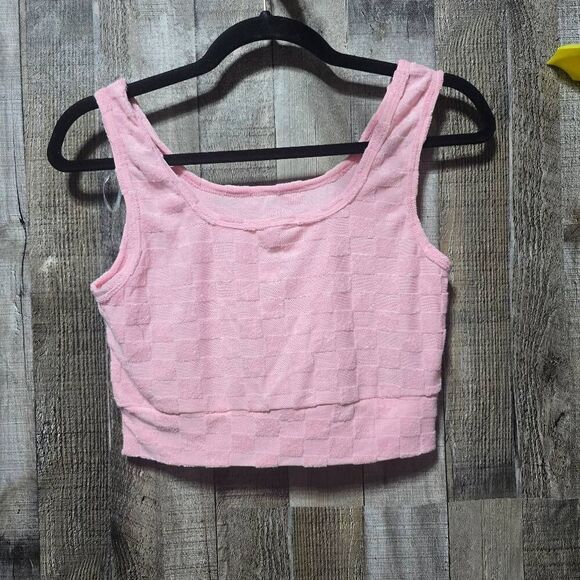 5/$25 Mono B Talulah Pink Checkerboard Velour Crop Top - Picture 2 of 3